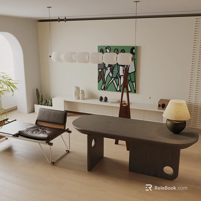 Modern Dining Table Set With Chairs Pendant Lights Green Wall Art And Plants 3d model 