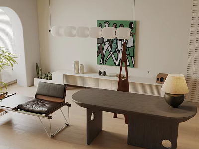 Modern Dining Table Set With Chairs Pendant Lights Green Wall Art And Plants 3d model
