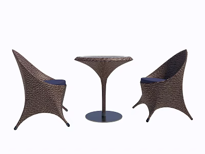Brown Wicker Leisure Chairs With Curved Design And Blue Cushions Paired With Round Side Table 3d model
