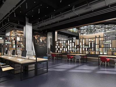 Modern Public Office Space With Open Layout Desks Chairs Bookshelves And Bright Lighting 3d model