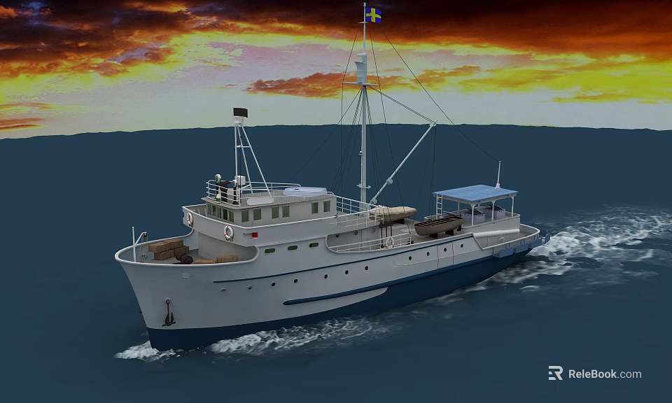 White And Blue Ship Sailing On The Sea During Sunset With Orange Red Clouds 3d model 