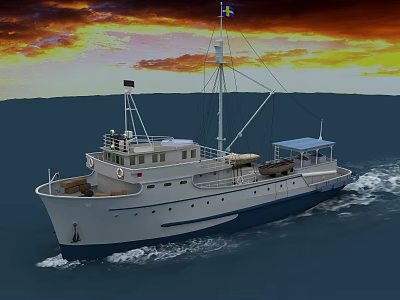 White And Blue Ship Sailing On The Sea During Sunset With Orange Red Clouds 3d model