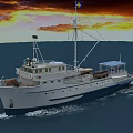 White And Blue Ship Sailing On The Sea During Sunset With Orange Red Clouds