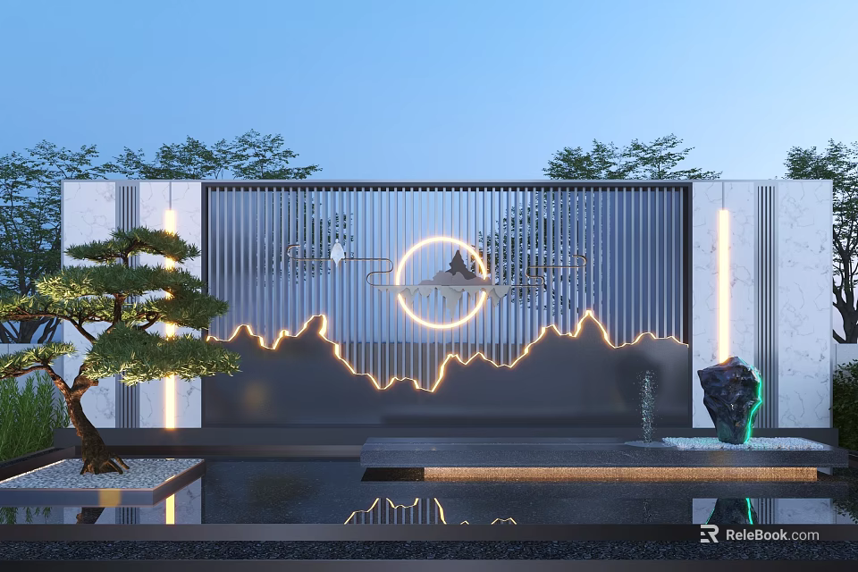 Modern Landscape Wall Design With Illuminated Mountain Patterns And Pine Tree 3d model 