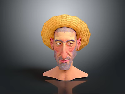 Game And Movie Character 3D Bearded Male With Yellow Straw Hat And Unique Facial Features 3d model