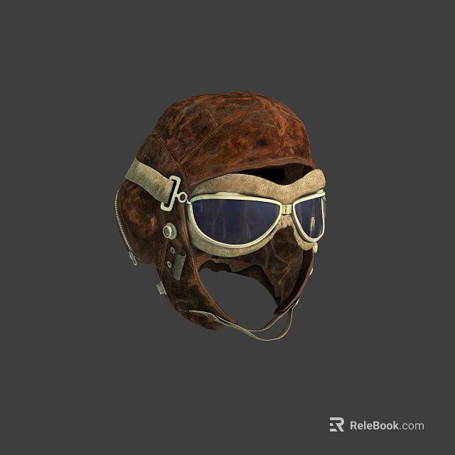 Vintage Brown Leather Pilot Helmet With Classic Aviator Goggles And Straps 3d model 