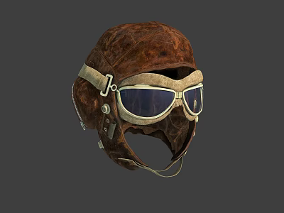 Vintage Brown Leather Pilot Helmet With Classic Aviator Goggles And Straps 3d model