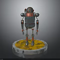 Metallic Robot Figure With Red Silver Accents On Yellow Glowing Circular Base