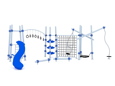 Outdoor Kids Playground Equipment With Blue Curved Structure Climbing Frame Swing And Multiple Components 3d model