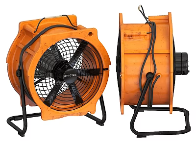 Orange Industrial Air Conditioning Fan With Black Stand And Metal Grill 3d model