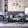 Modern Luxury Sofa and Coffee Table Set With Black Chair Gray Sofa Bookshelf and Lighting