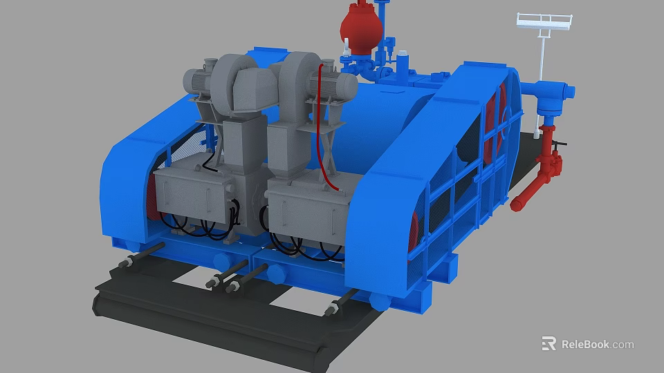 Blue Industrial Equipment With Gray Components Red Elements Pipes And Wheels On Platform 3d model 