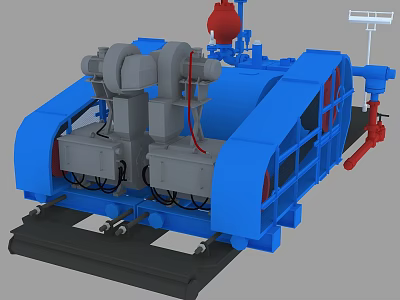 Blue Industrial Equipment With Gray Components Red Elements Pipes And Wheels On Platform 3d model
