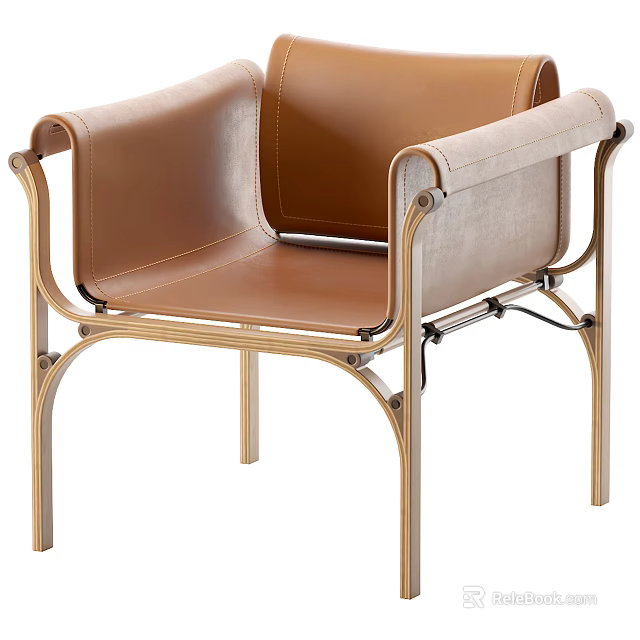 Modern Leisure Chair With Brown Leather Seat Beige Fabric Armrests And Golden Metal Frame 3d model 