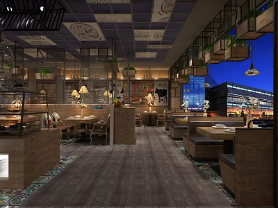 Elegant Restaurant Interior With Pendant Lights Green Plants And Booth Seats 3d model