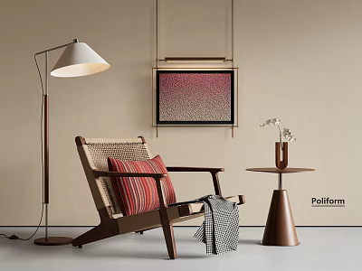 Leisure Chair With Wooden Frame Woven Seat Striped Cushion Floor Lamp Side Table Wall Art 3d model