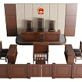 Wooden Courtroom Judicial Desk with Judge Seats Spectator Benches on Panel Wall and National Emblem