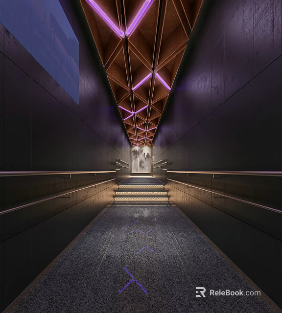 Stylish Elevator Corridor Interior With Dark Walls Wooden Ceiling Structure And Purple Lighting 3d model 