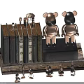 Decorative Ornament Set with Bear Figurines Vintage Books and Small Metal Ornaments on Wooden Base