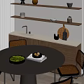 Modern Round Dining Table Set With Rattan Chairs And Wooden Shelves Decorative Items