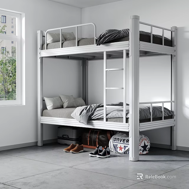 Modern Metal Bunk Bed Room Interior With Ladder Pillows Blanket Luggage And Shoes 3d model 