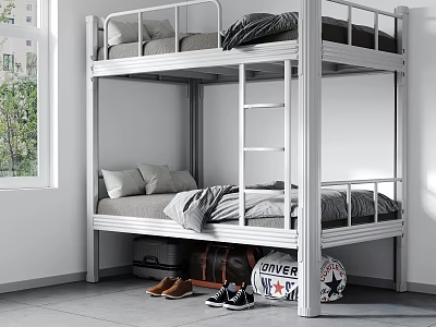 Modern Metal Bunk Bed Room Interior With Ladder Pillows Blanket Luggage And Shoes 3d model