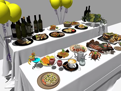 Assorted Delicious Food Buffet with Yellow Balloons Wine Bottles Steak Crab Pizza and Fruit Platter 3d model