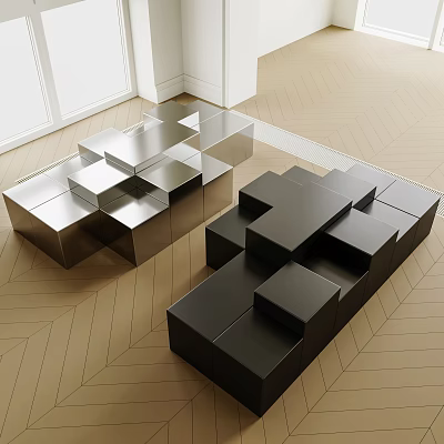 Geometric Silver And Black Coffee Tables In Modern Living Room With Wooden Floor 3d model