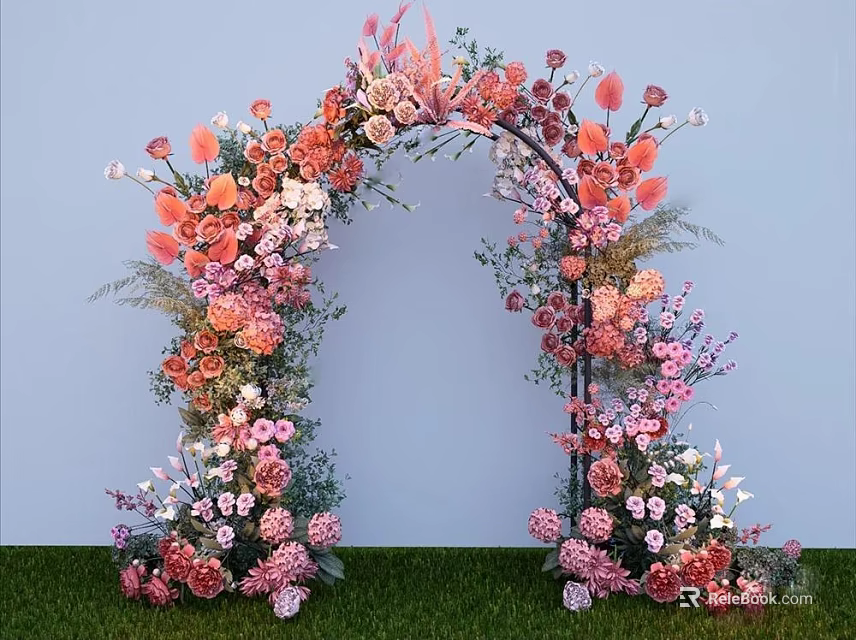 Floral Arch Photo Spot With Pink Orange White Flowers Light Blue Backdrop And Green Grass 3d model 