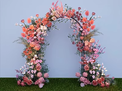 Floral Arch Photo Spot With Pink Orange White Flowers Light Blue Backdrop And Green Grass 3d model