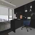 Modern Tatami Bedroom Interior Design With Desk Chair City View Window And Storage Shelf
