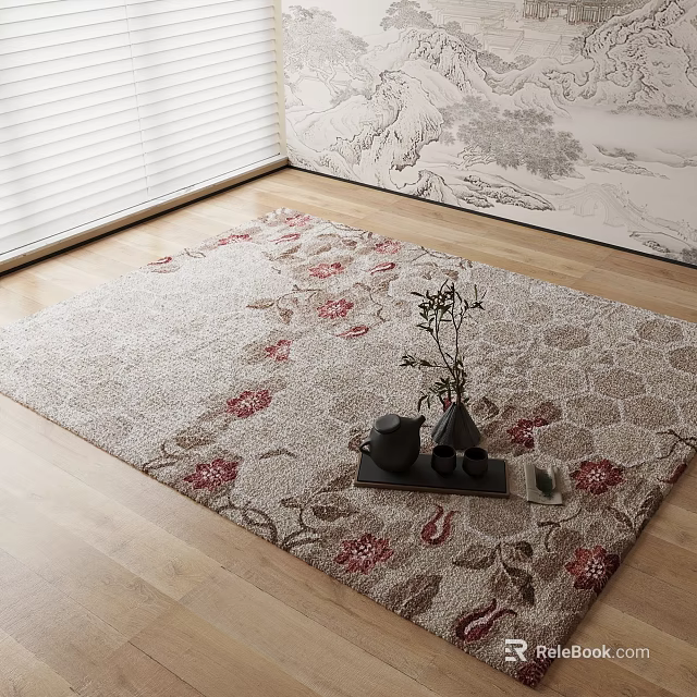 Square Carpet With Beige Background Red Floral Leaf Patterns On Wooden Floor Room Decor 3d model 