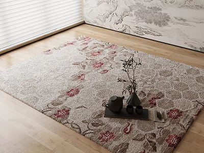 Square Carpet With Beige Background Red Floral Leaf Patterns On Wooden Floor Room Decor 3d model