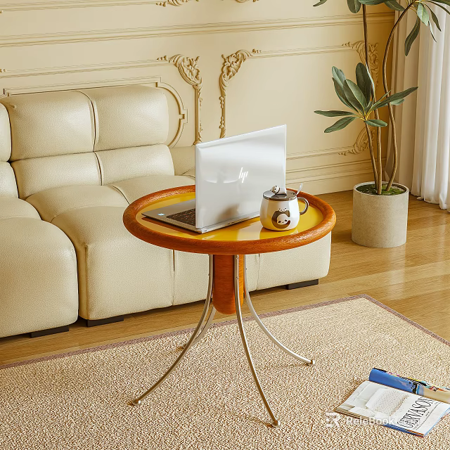 Stylish Side Table With Laptop Mug Beige Sofa Plant And Wooden Floor 3d model 