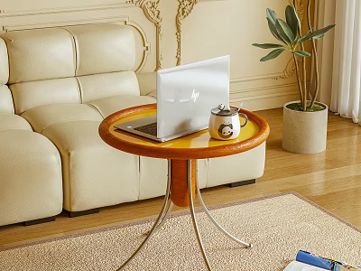 Stylish Side Table With Laptop Mug Beige Sofa Plant And Wooden Floor 3d model