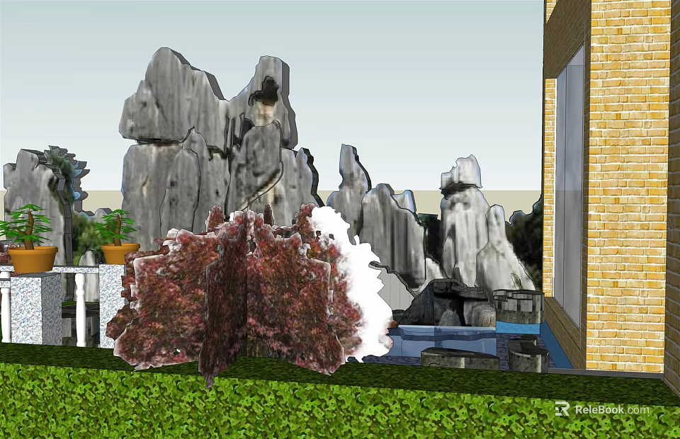 Courtyard Garden With Natural Rock Formations Lush Greenery And Brick Wall 3d model 