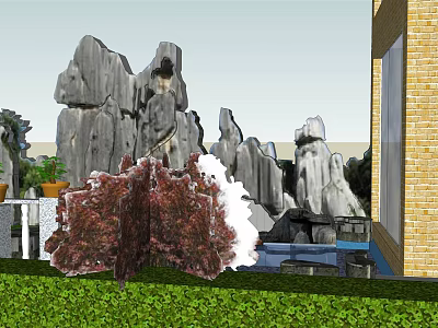 Courtyard Garden With Natural Rock Formations Lush Greenery And Brick Wall 3d model
