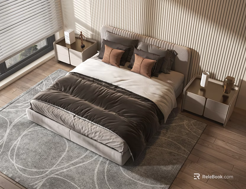 Cozy Modern Double Bed With Nightstands Window Blinds And Soft Bedding On Wooden Floor Rug 3d model 