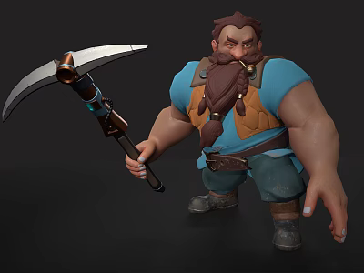 Muscular Miner 3D Model Character Holding Pickaxe With Brown Beard And Blue Shirt 3d model