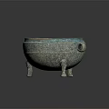 Ancient Bronze Three Legged Vessel With Green Patina And Dual Handles