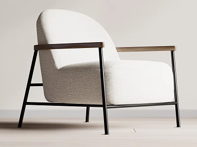 Modern Light Upholstered Accent Chair with Wooden Armrests and Black Metal Frame 3d model