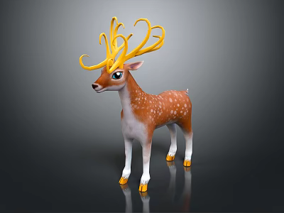 Cute Deer With Yellow Curly Antlers Brown Body White Spots And Blue Eyes 3d model