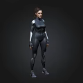 3D Female Character in Black Tight Combat Suit With Silver Armor Standing on Dark Background