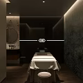 Luxury SPA Sauna Interior With Wooden Walls Massage Table Round Mirror And Soft Lighting