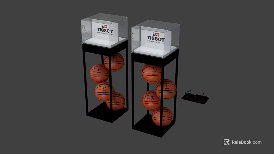 TISSOT Brand Transparent Display Cases Holding Multiple Basketballs And Accessories 3d model 