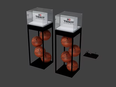 TISSOT Brand Transparent Display Cases Holding Multiple Basketballs And Accessories 3d model