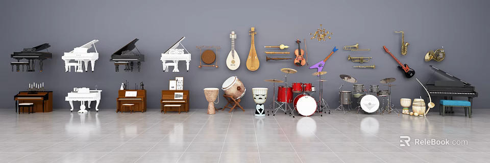 Showcase of Musical Instruments and Art Supplies With Various Drums Pianos Violins and Painting Brushes 3d model 