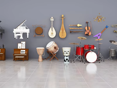 Showcase of Musical Instruments and Art Supplies With Various Drums Pianos Violins and Painting Brushes 3d model