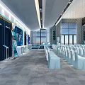 Modern Conference Hall Interior With Stage Podium White Chairs And Large Screen