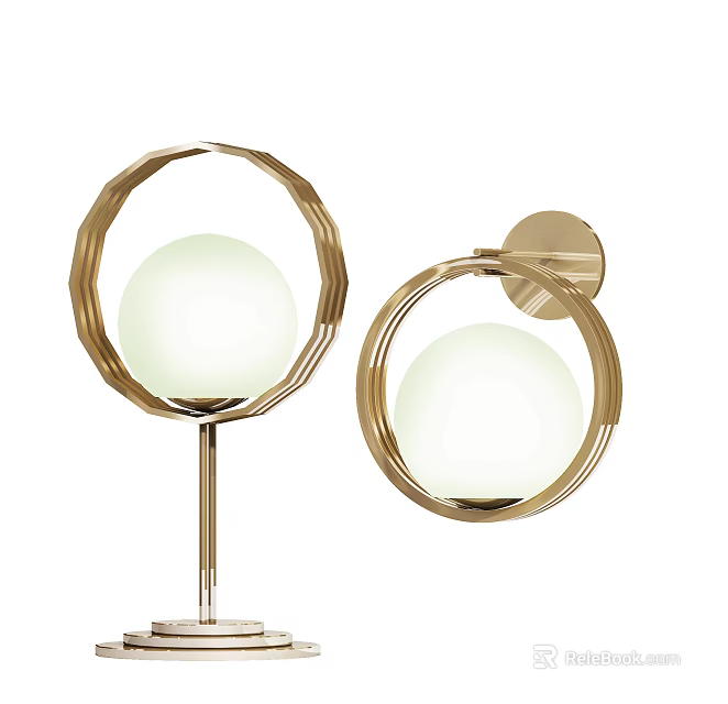 Modern Lighting Combination with Gold Circular Frames White Globe Shades Table Lamp and Wall Light 3d model